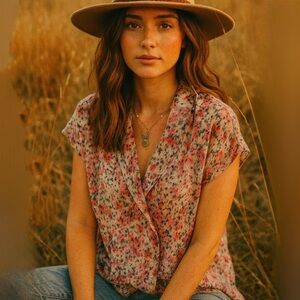 Liverpool Floral White Pink Floral V-Neck Blouse Size 2X